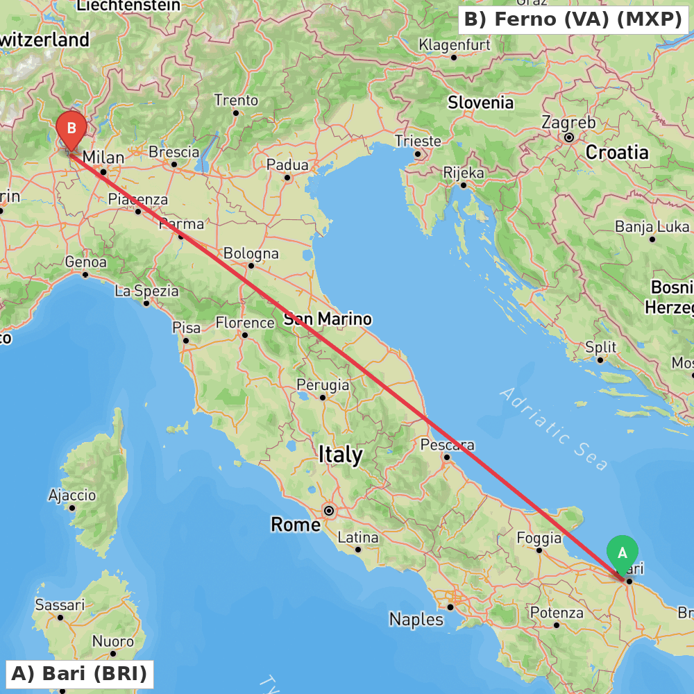 Flight route map from Bari to Ferno (VA)