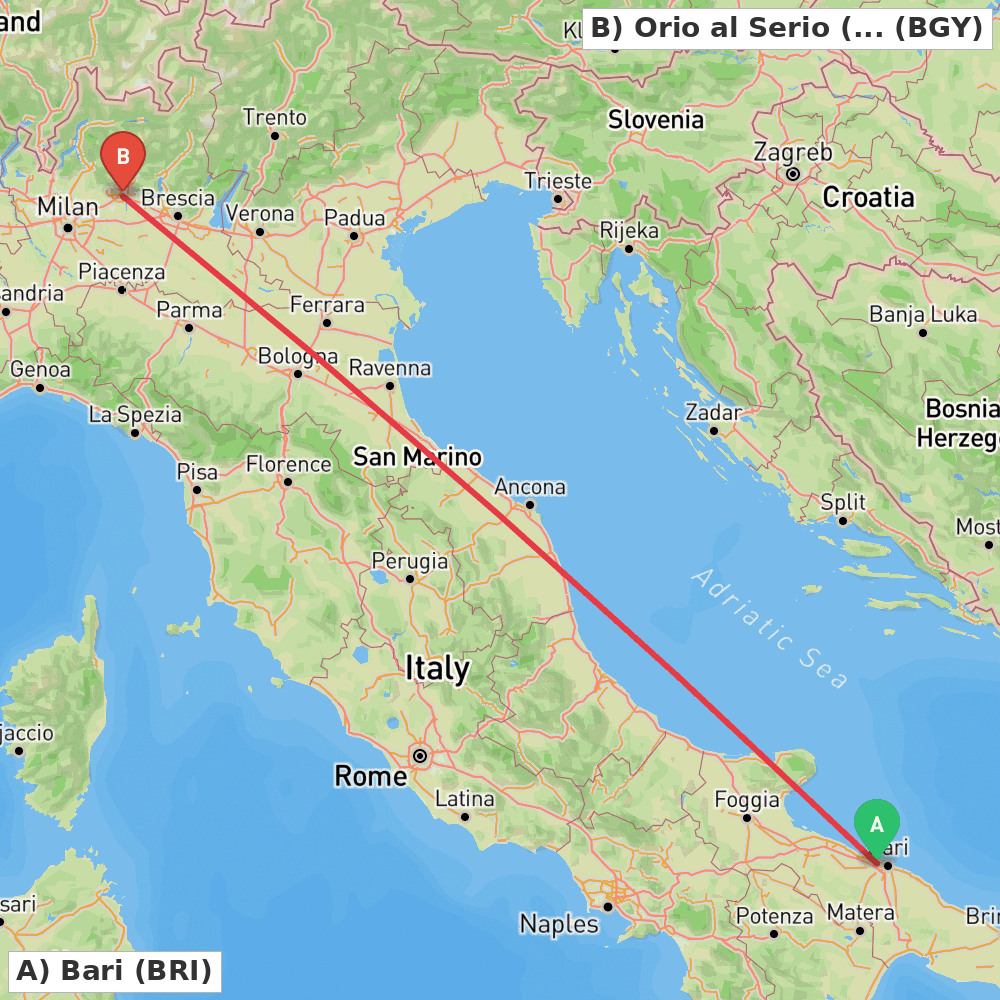 Flight route map from Bari to Orio al Serio (BG)