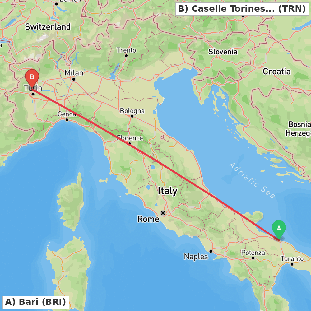 Flight route map from Bari to Caselle Torinese (TO)