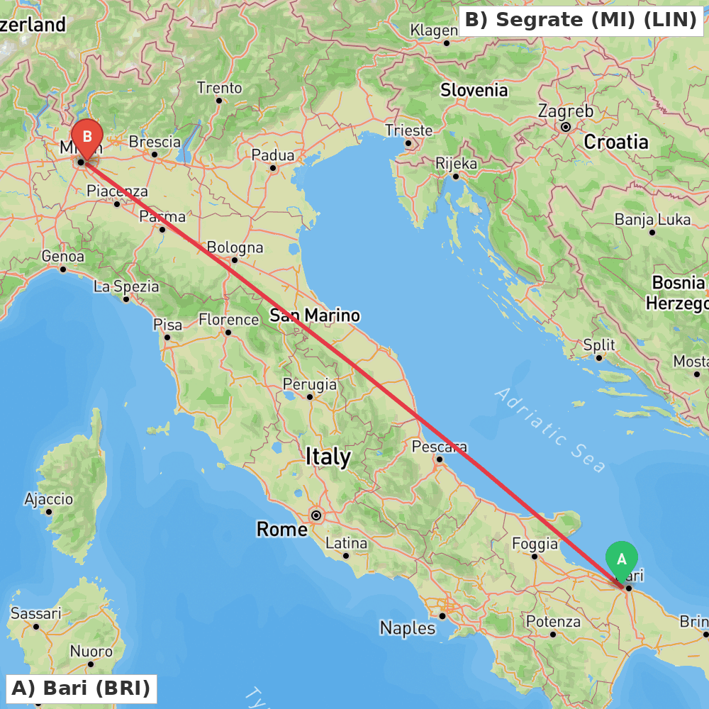 Flight route map from Bari to Segrate (MI)