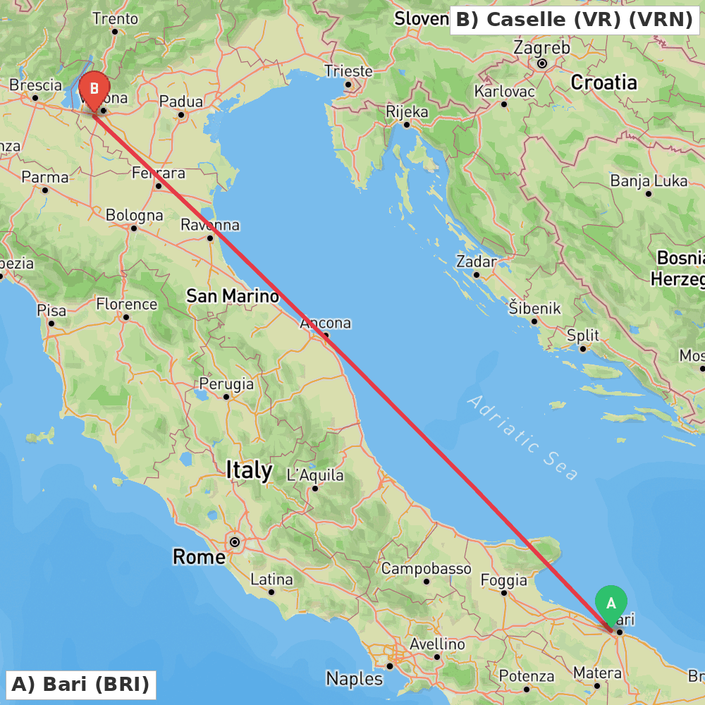 Flight route map from Bari to Caselle (VR)