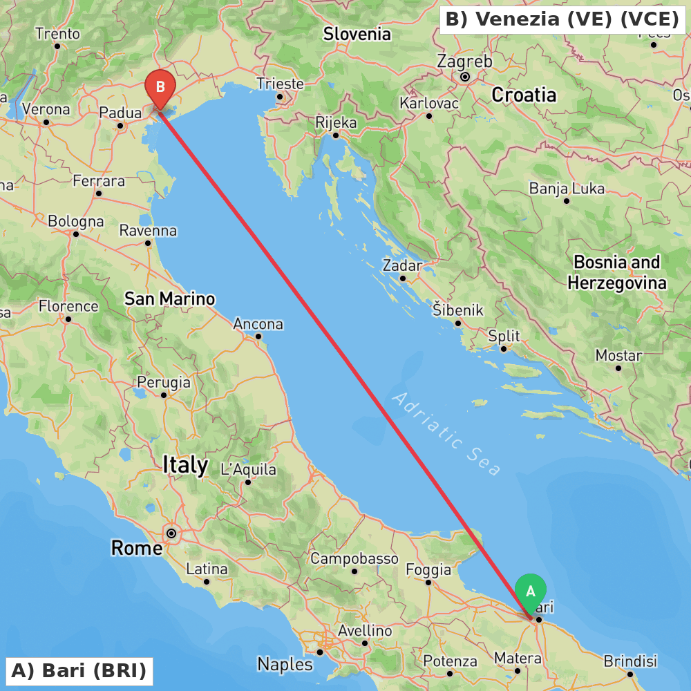 Flight route map from Bari to Venezia (VE)