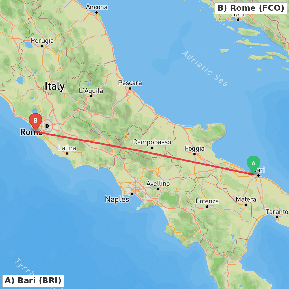 Flight route map from Bari to Rome