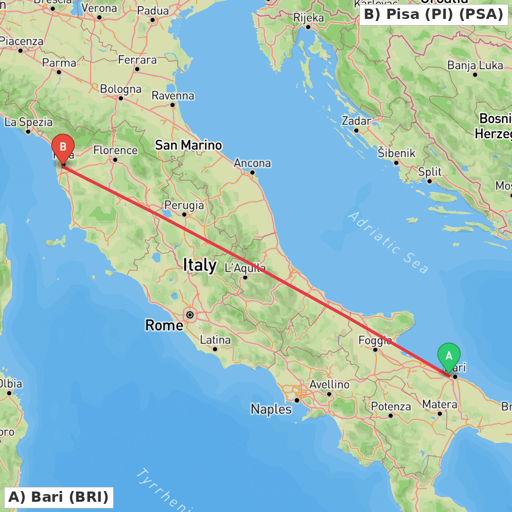 Flight route map from Bari to Pisa (PI)