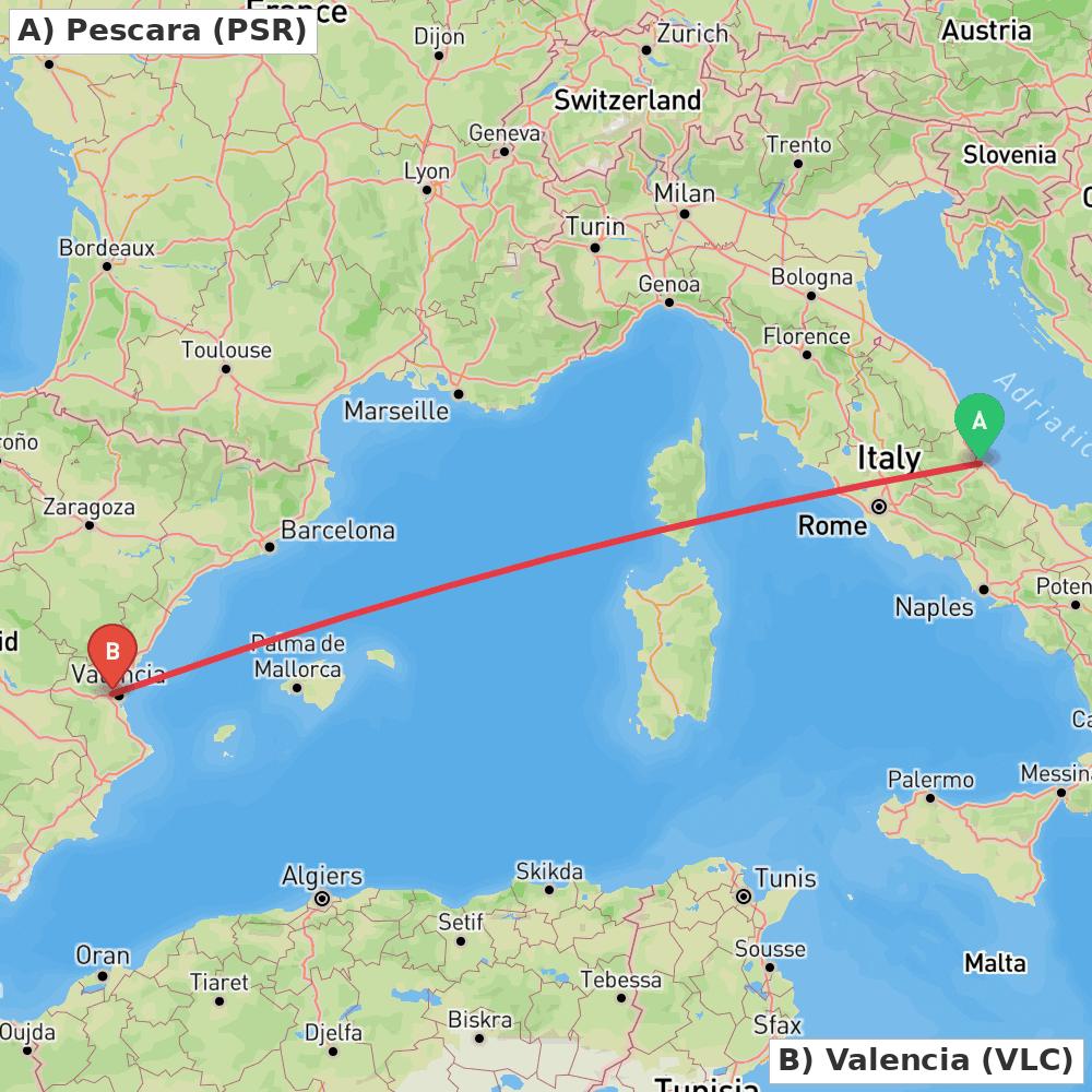 Flight route map from Pescara to Valencia