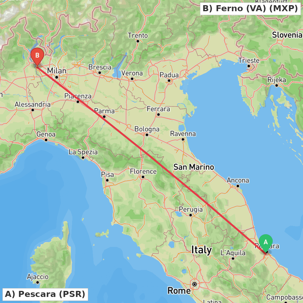 Flight route map from Pescara to Ferno (VA)