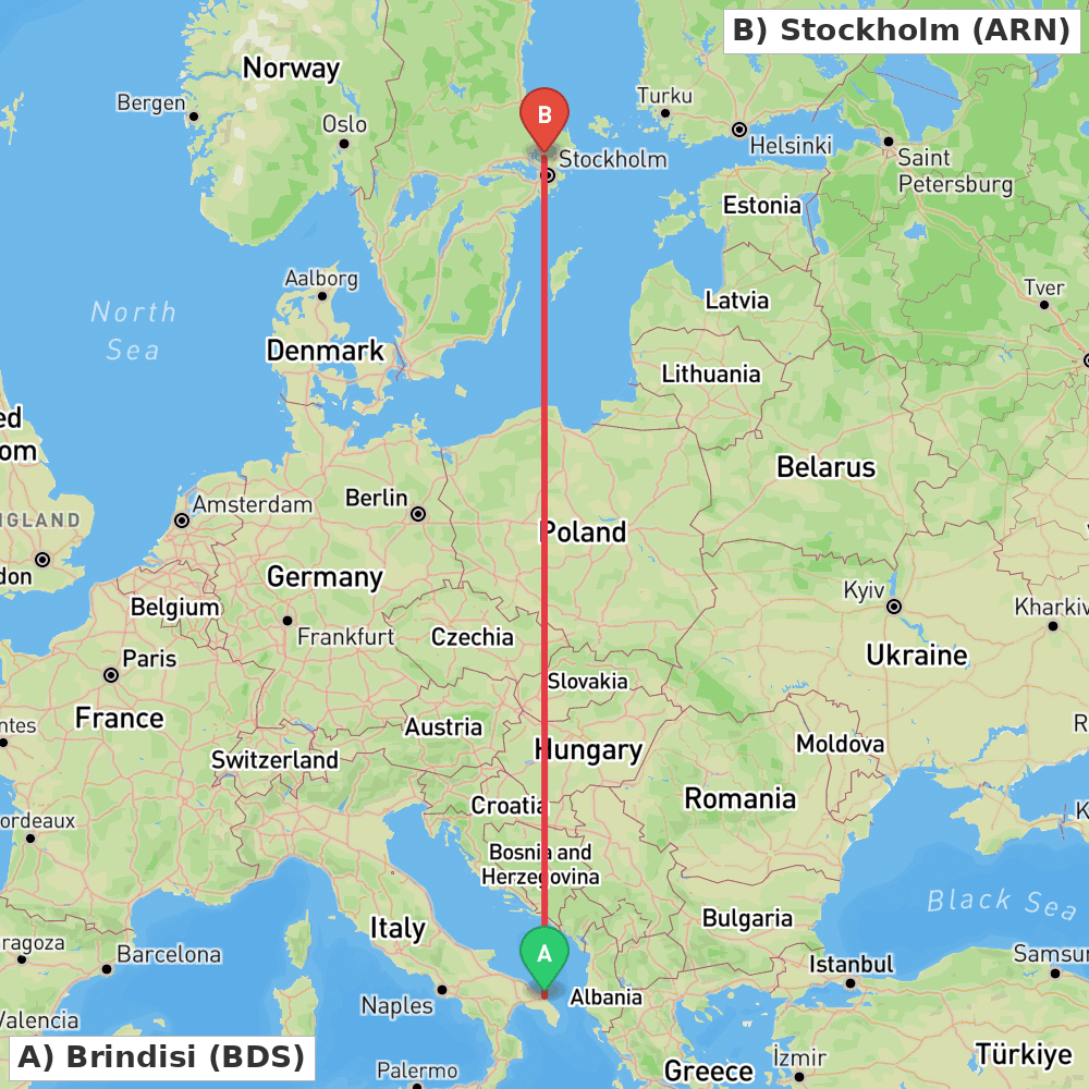 Flight route map from Brindisi to Stockholm