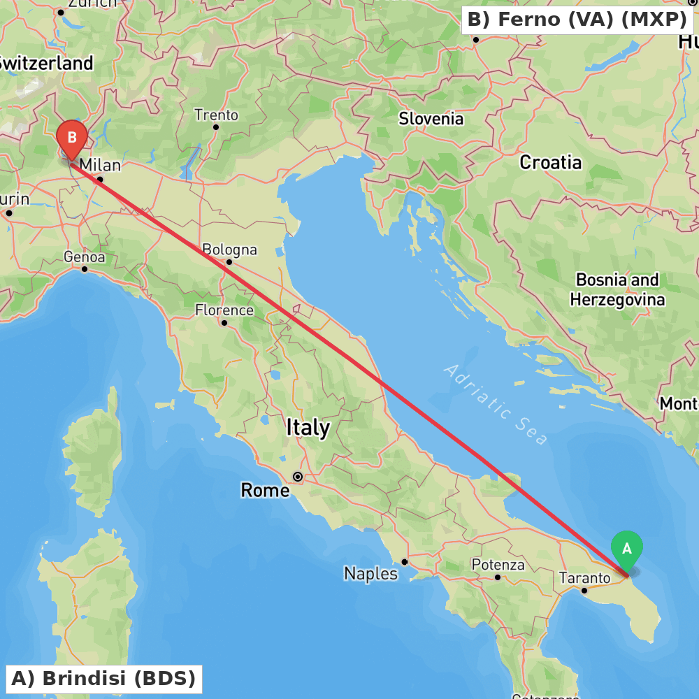 Flight route map from Brindisi to Ferno (VA)