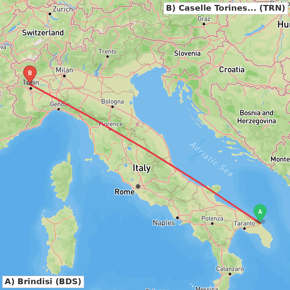 Flight route map from Brindisi to Caselle Torinese (TO)
