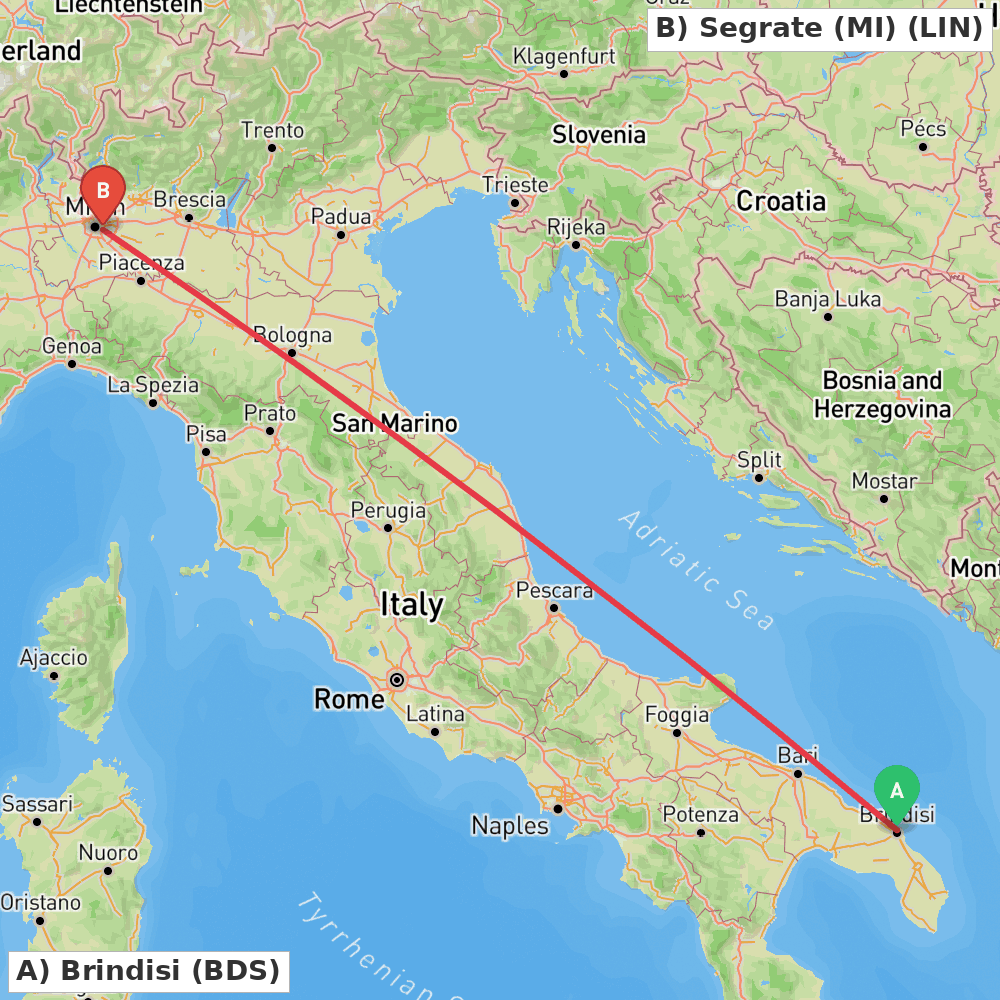 Flight route map from Brindisi to Segrate (MI)
