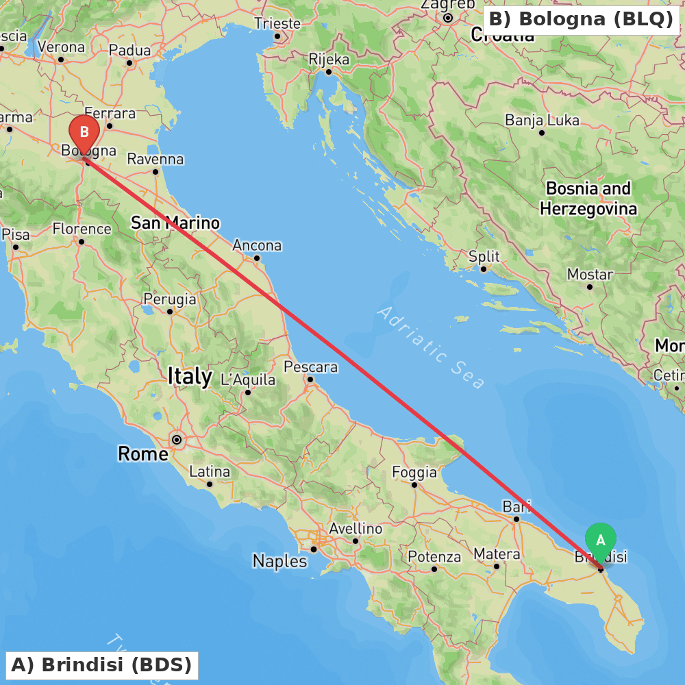 Flight route map from Brindisi to Bologna