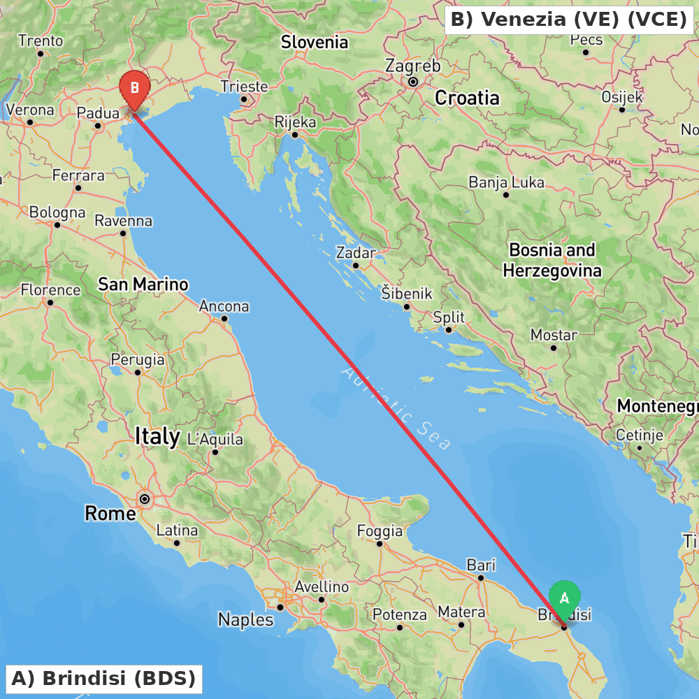Flight route map from Brindisi to Venezia (VE)