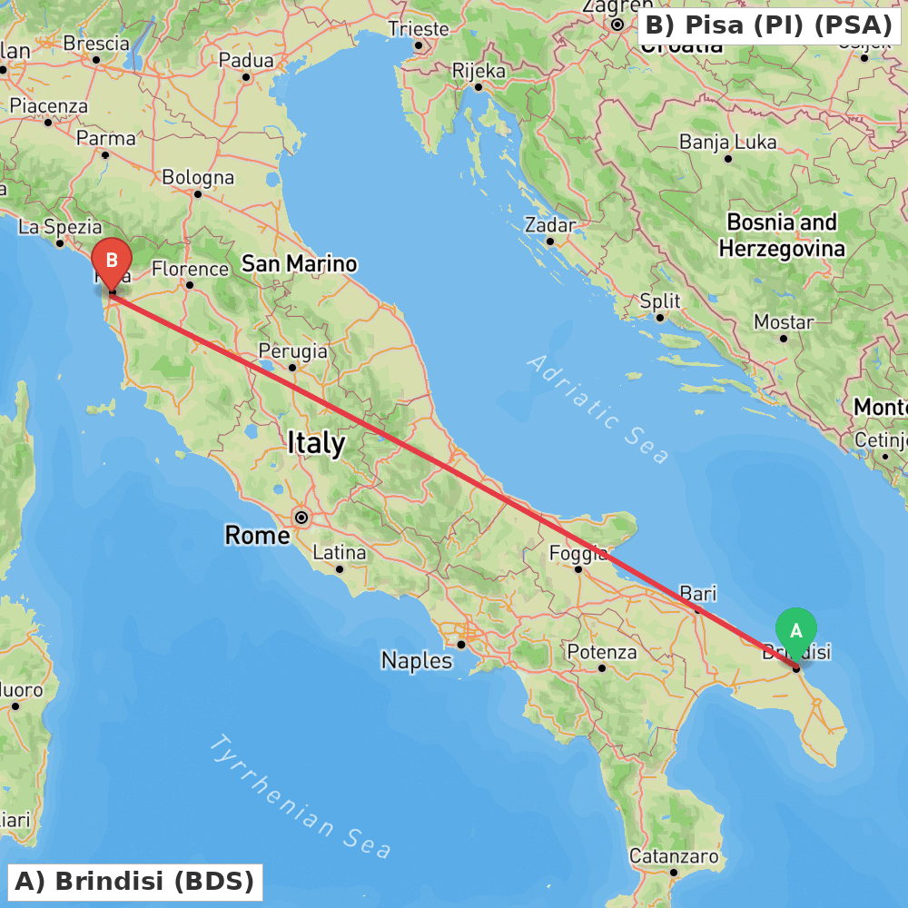 Flight route map from Brindisi to Pisa (PI)