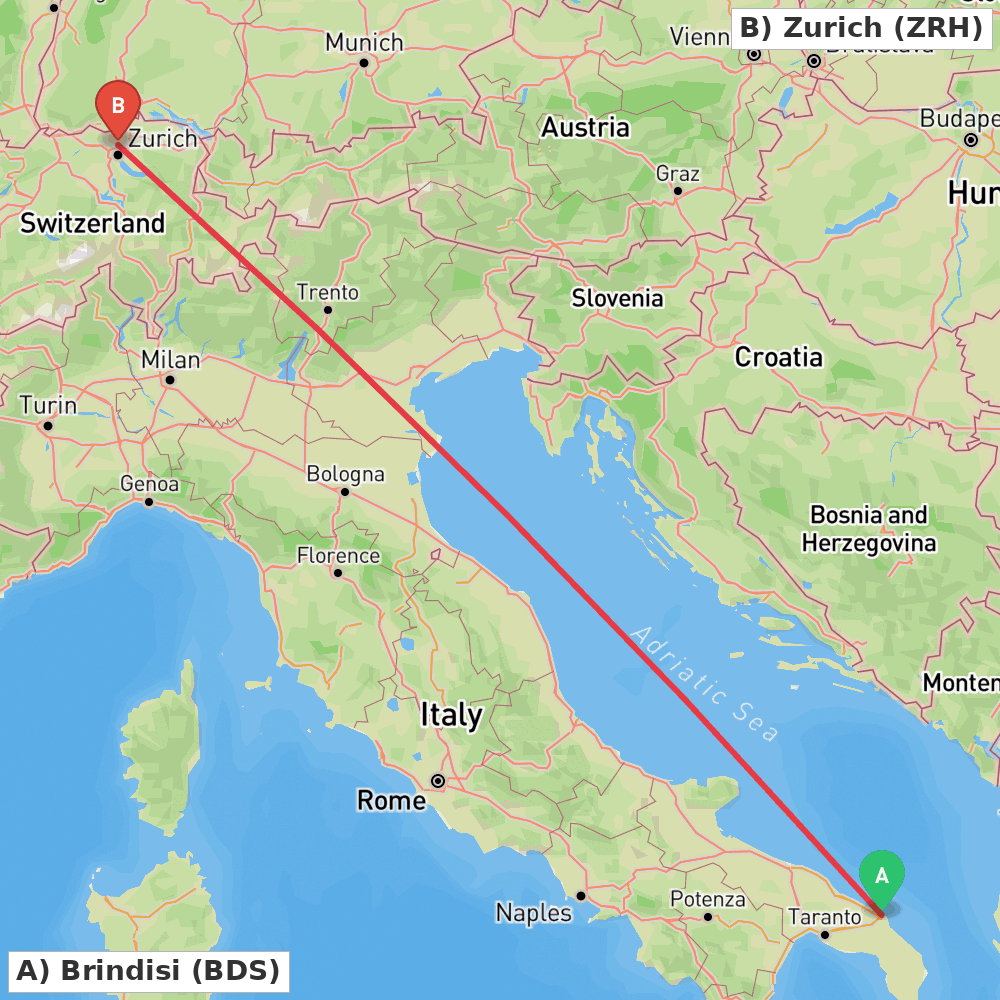 Flight route map from Brindisi to Zurich
