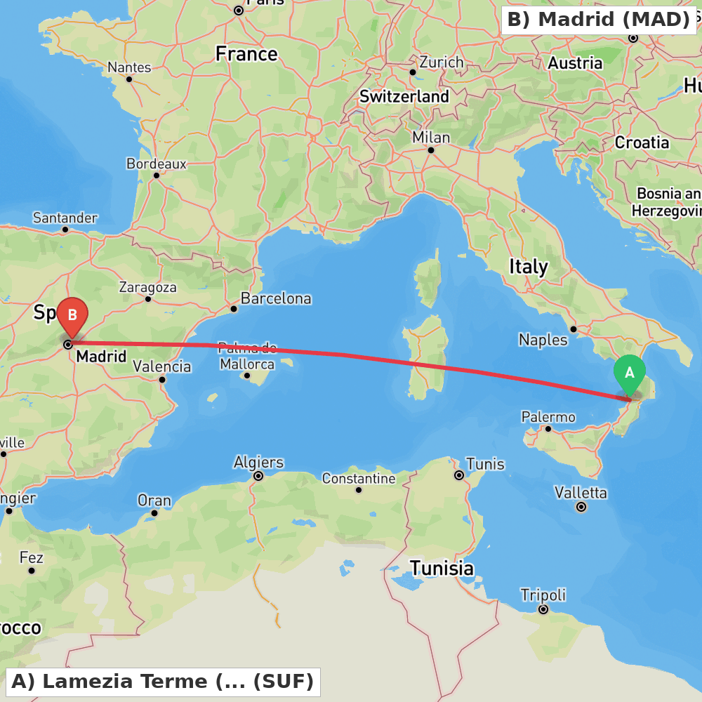 Flight route map from Lamezia Terme (CZ) to Madrid
