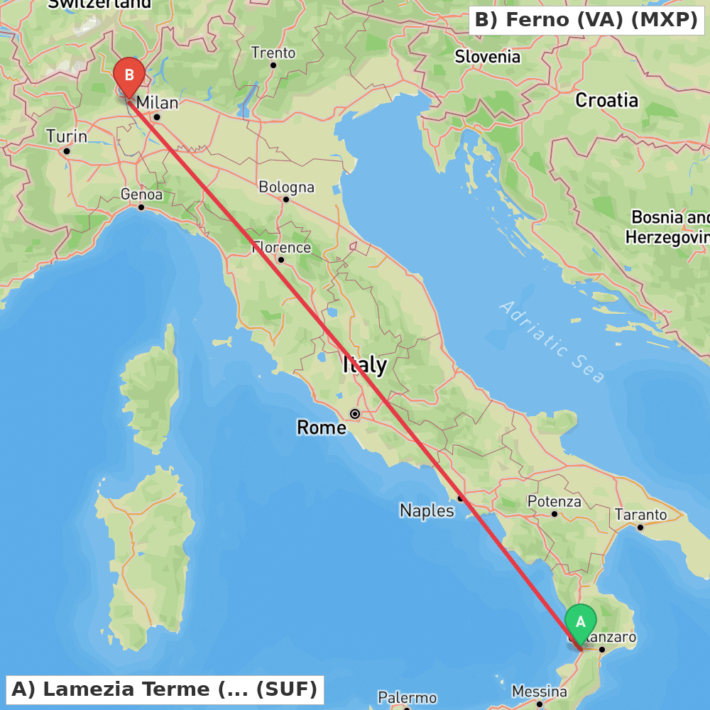 Flight route map from Lamezia Terme (CZ) to Ferno (VA)