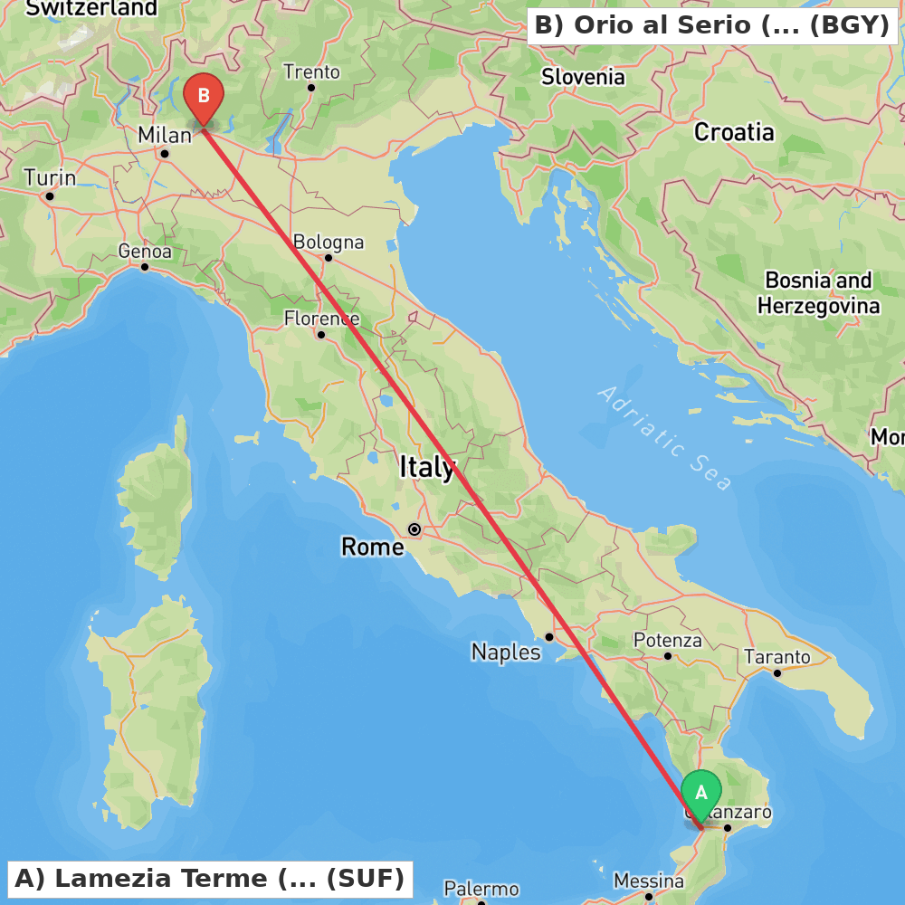 Flight route map from Lamezia Terme (CZ) to Orio al Serio (BG)