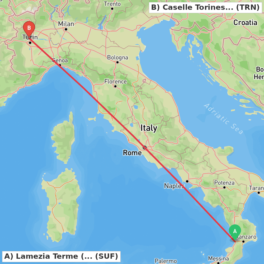 Flight route map from Lamezia Terme (CZ) to Caselle Torinese (TO)