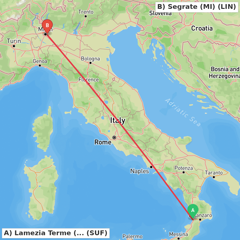 Flight route map from Lamezia Terme (CZ) to Segrate (MI)
