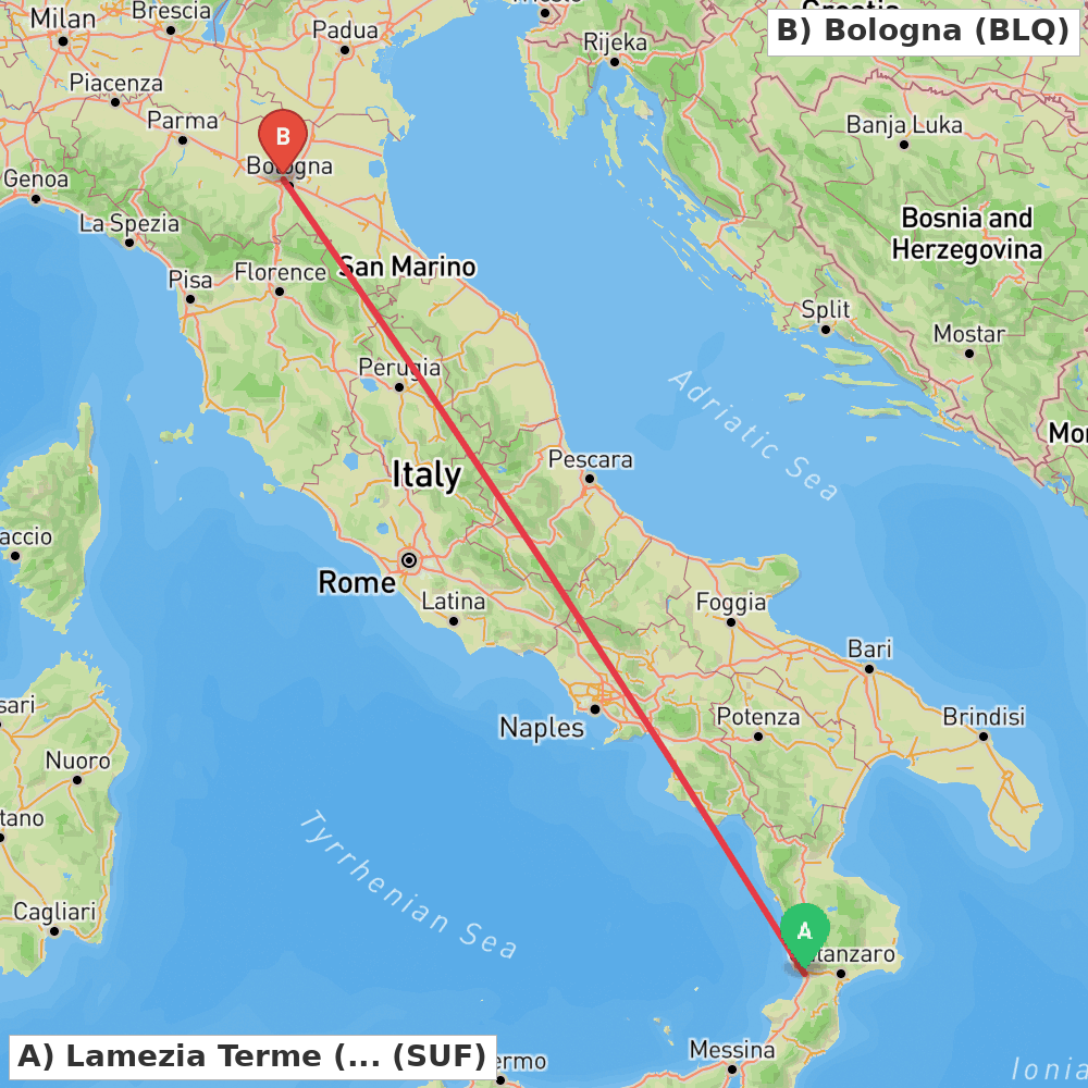Flight route map from Lamezia Terme (CZ) to Bologna