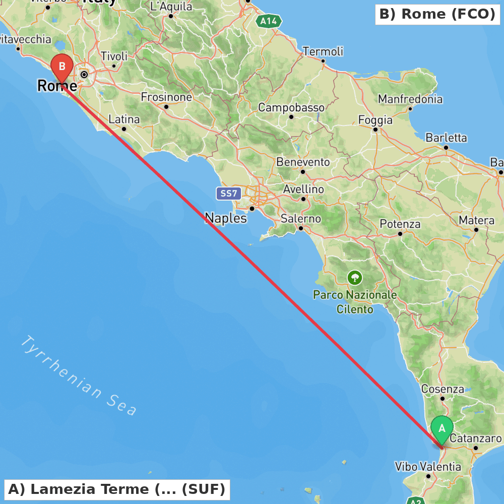 Flight route map from Lamezia Terme (CZ) to Rome