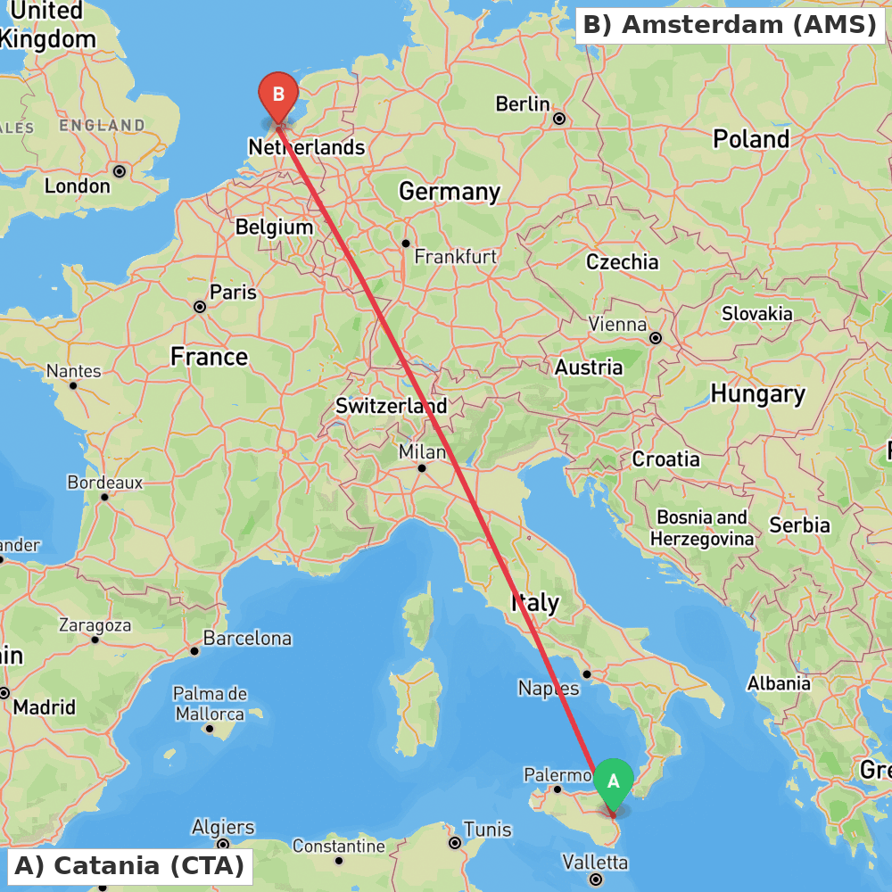 Flight route map from Catania to Amsterdam