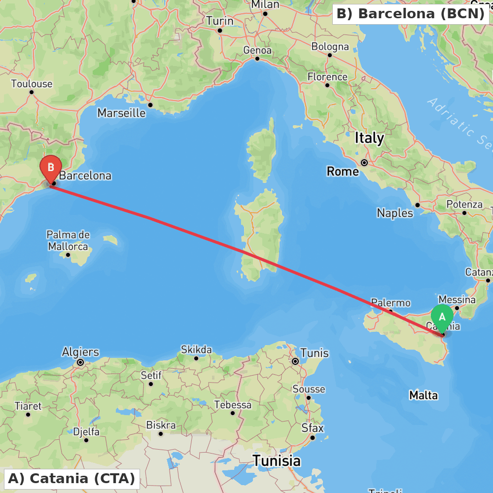 Flight route map from Catania to Barcelona