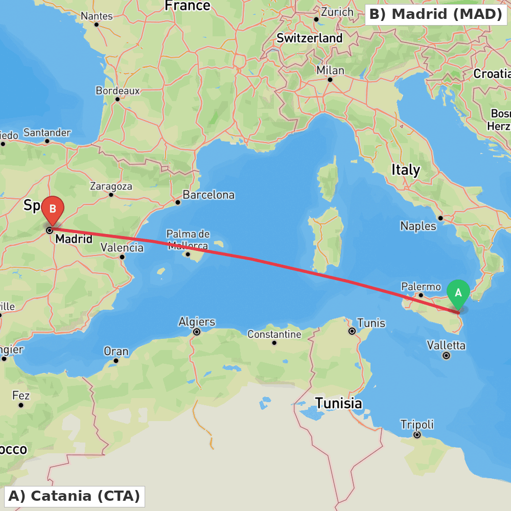Flight route map from Catania to Madrid