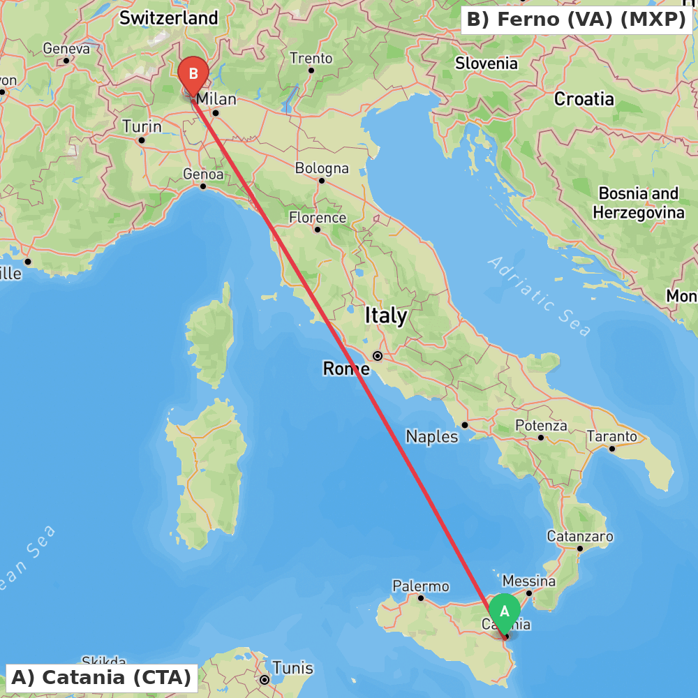 Flight route map from Catania to Ferno (VA)