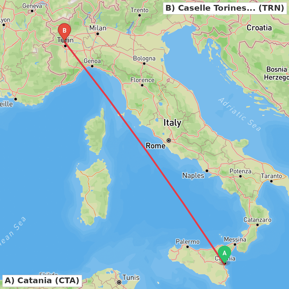 Flight route map from Catania to Caselle Torinese (TO)