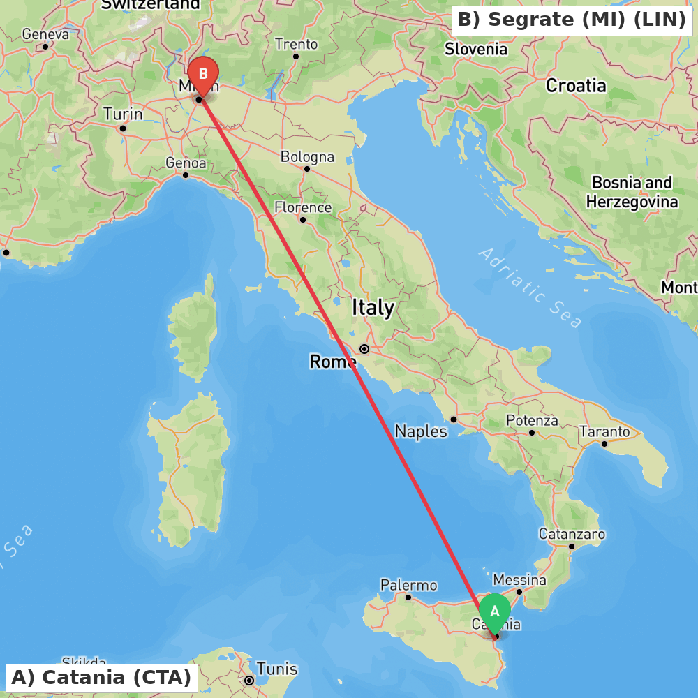 Flight route map from Catania to Segrate (MI)