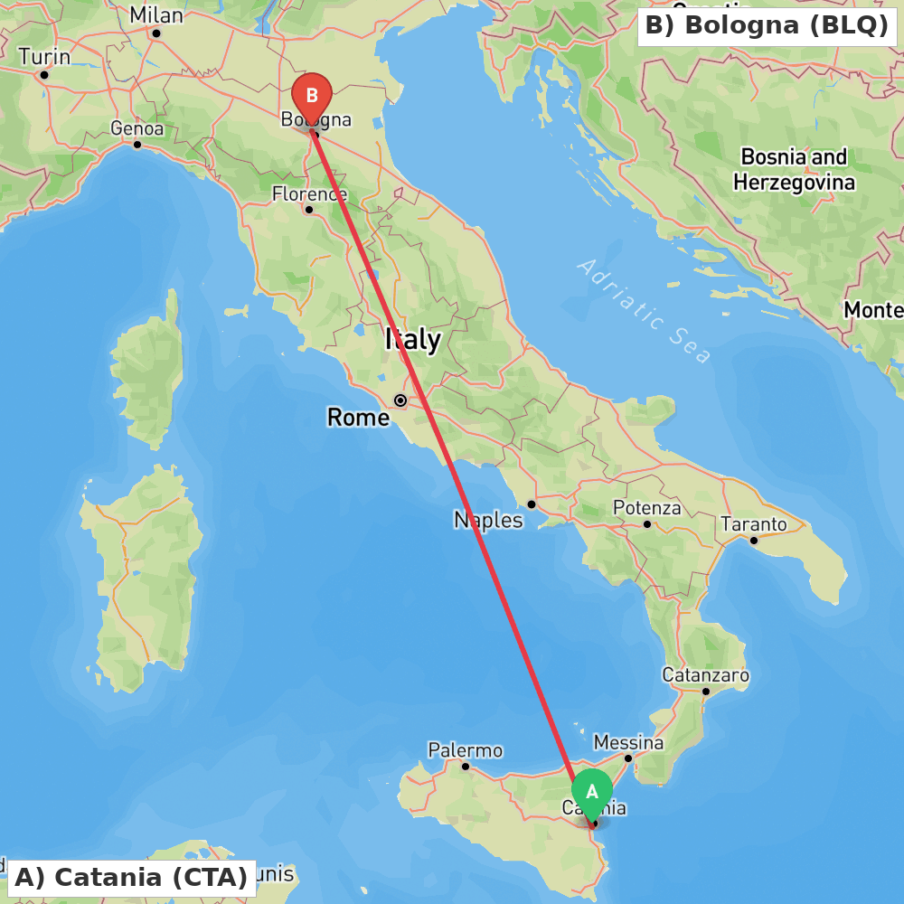 Flight route map from Catania to Bologna