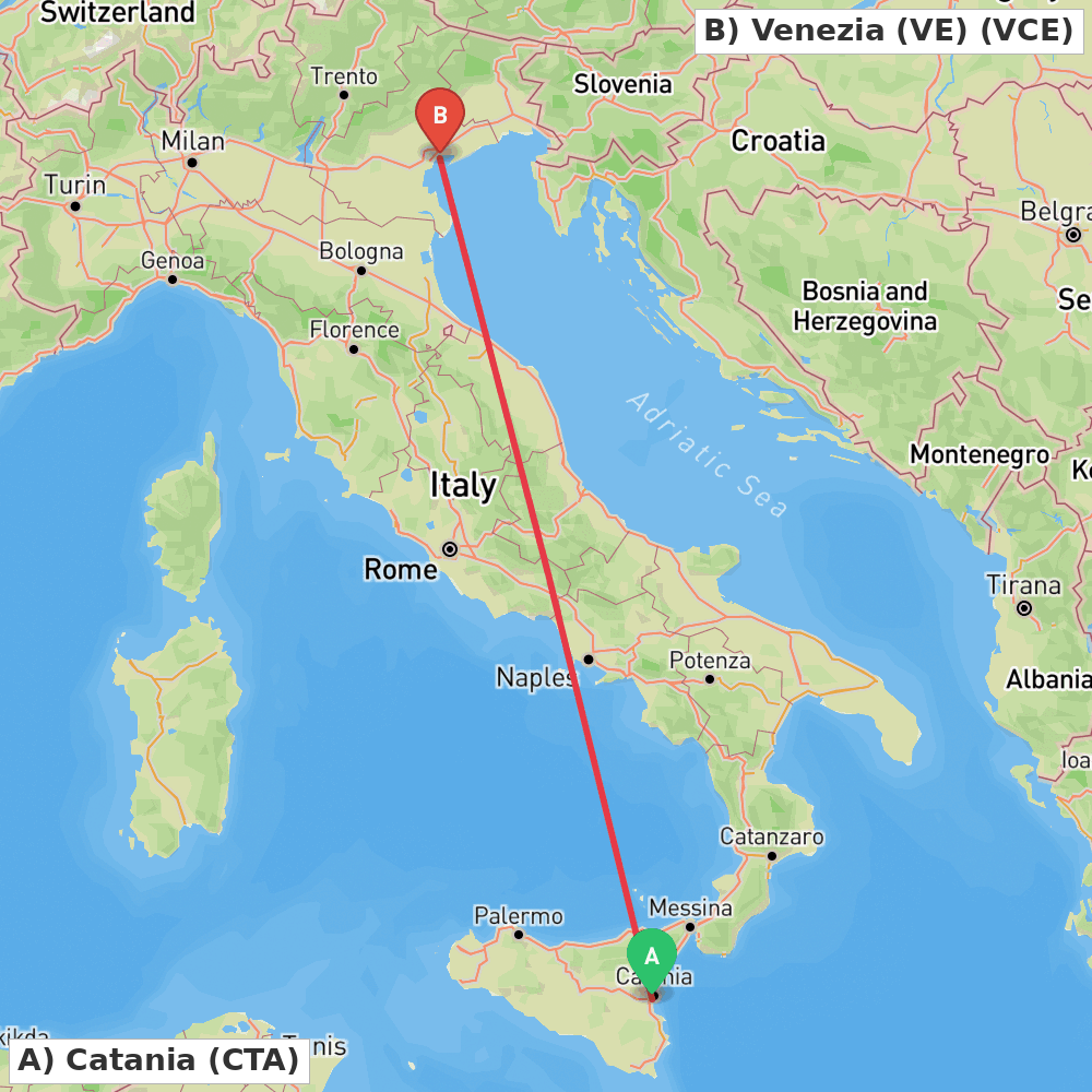 Flight route map from Catania to Venezia (VE)