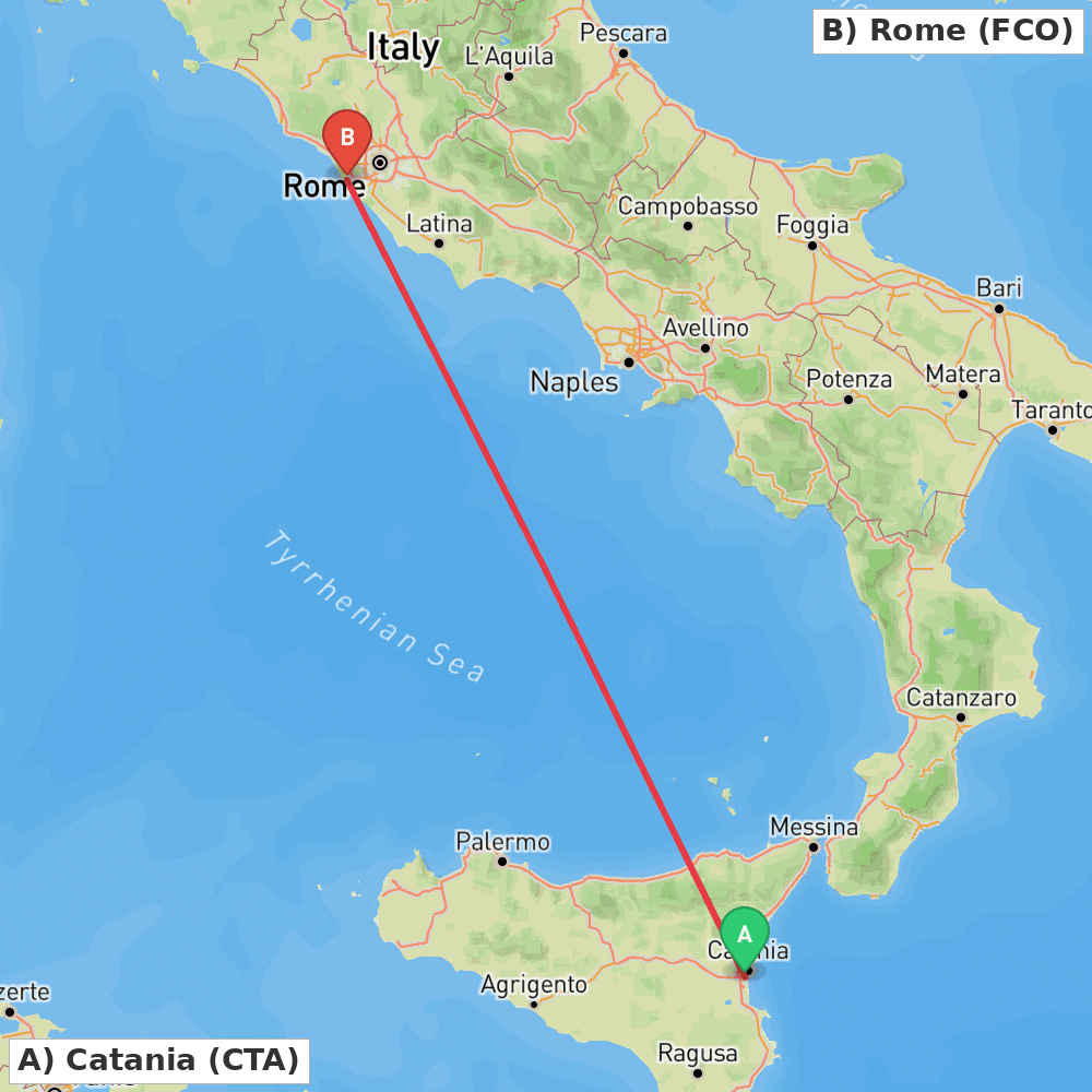 Flight route map from Catania to Rome