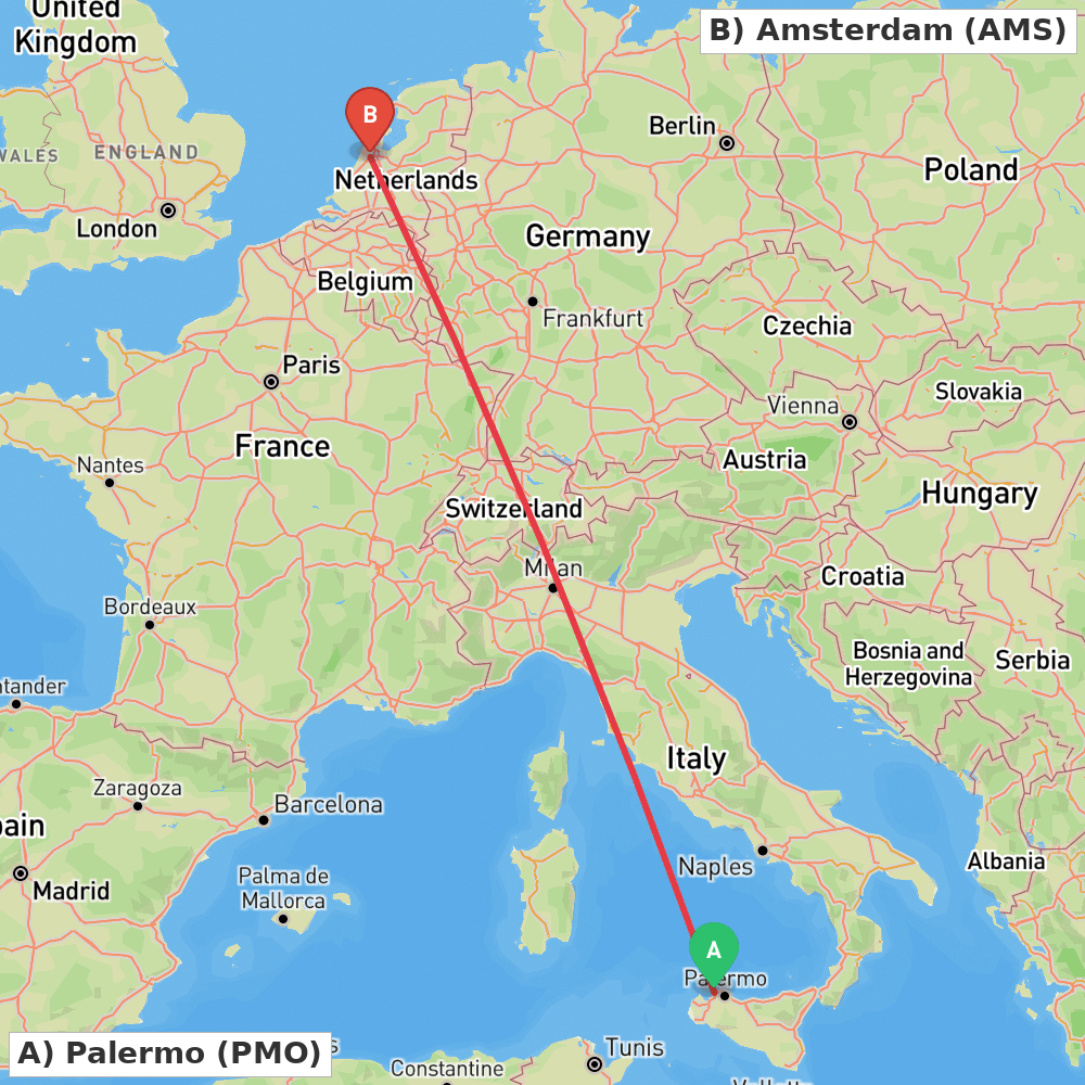 Flight route map from Palermo to Amsterdam