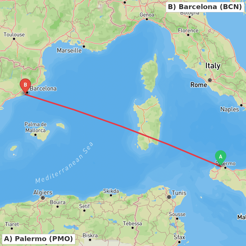 Flight route map from Palermo to Barcelona