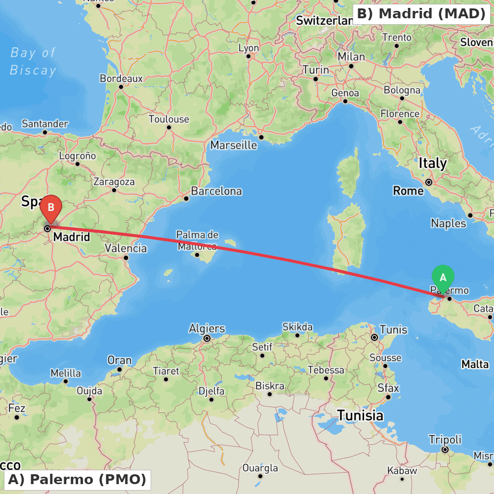 Flight route map from Palermo to Madrid