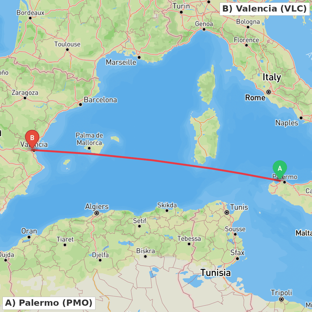 Flight route map from Palermo to Valencia