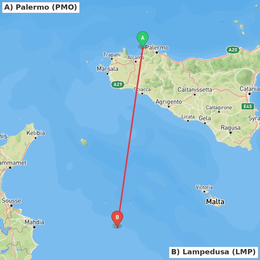Flight route map from Palermo to Lampedusa