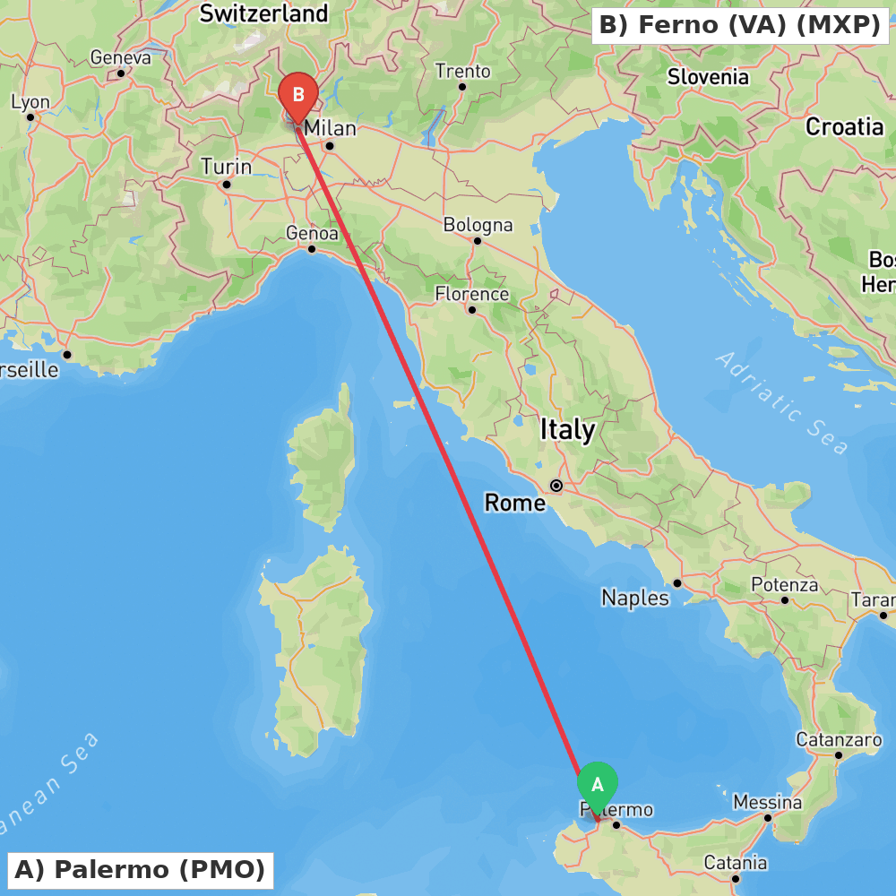 Flight route map from Palermo to Ferno (VA)
