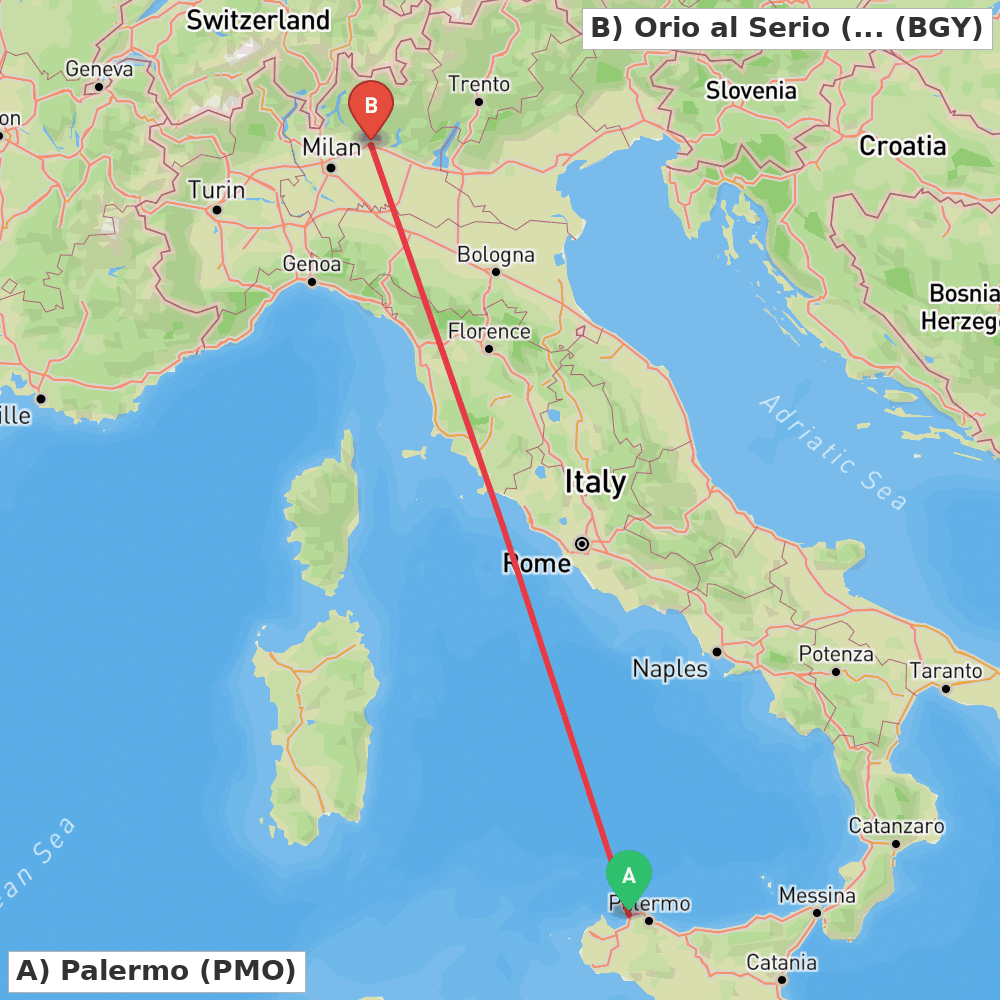 Flight route map from Palermo to Orio al Serio (BG)