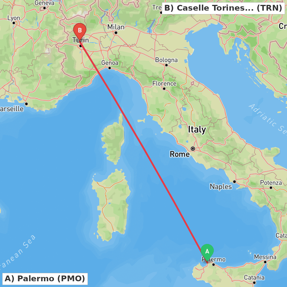 Flight route map from Palermo to Caselle Torinese (TO)
