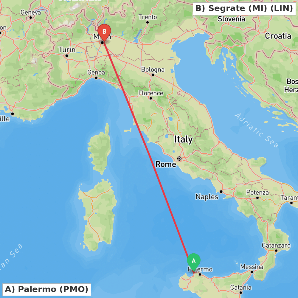Flight route map from Palermo to Segrate (MI)