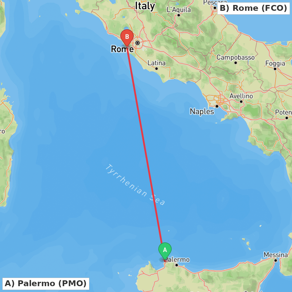 Flight route map from Palermo to Rome