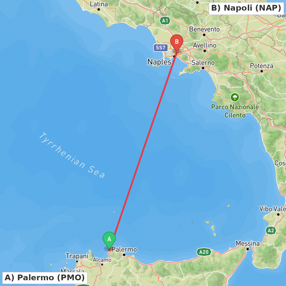 Flight route map from Palermo to Napoli