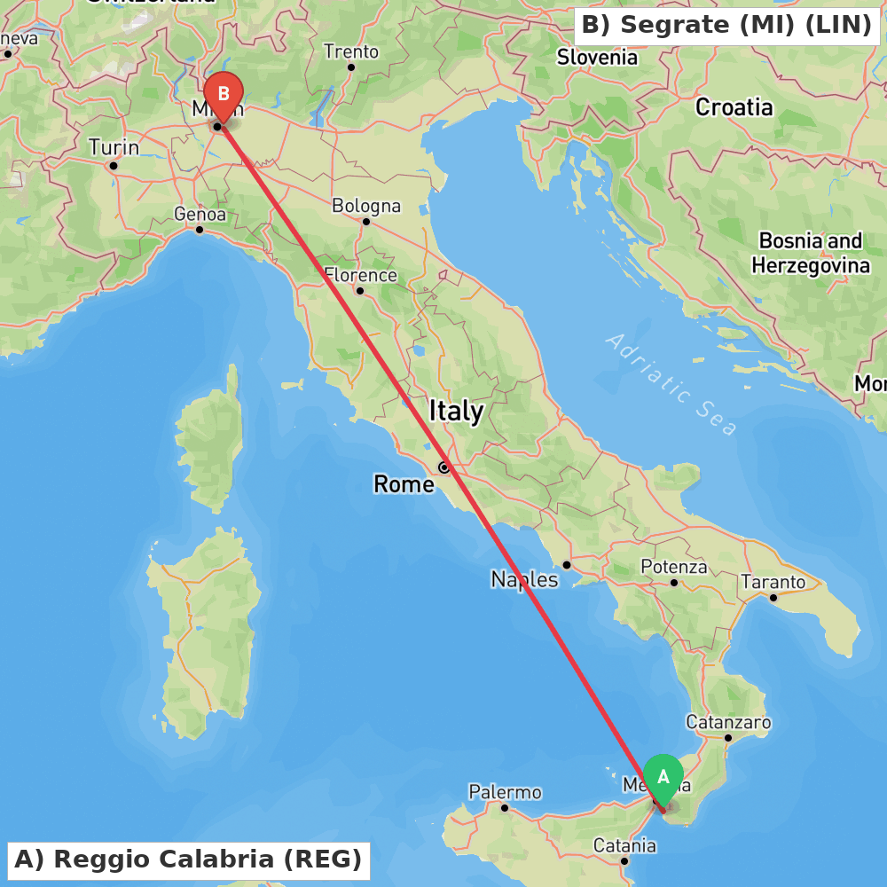Flight route map from Reggio Calabria to Segrate (MI)