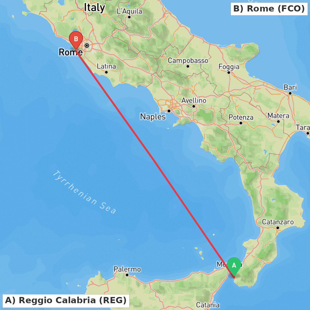 Flight route map from Reggio Calabria to Rome