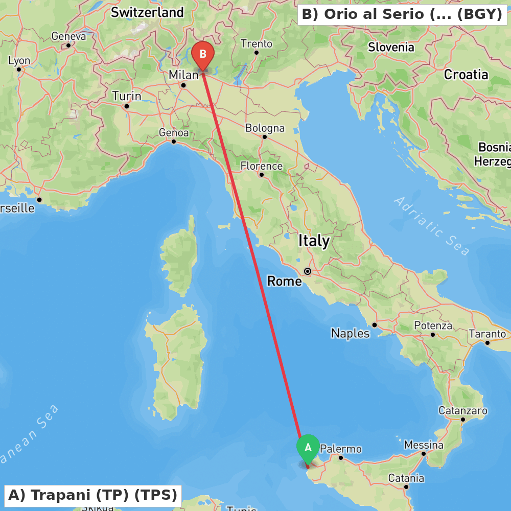 Flight route map from Trapani (TP) to Orio al Serio (BG)