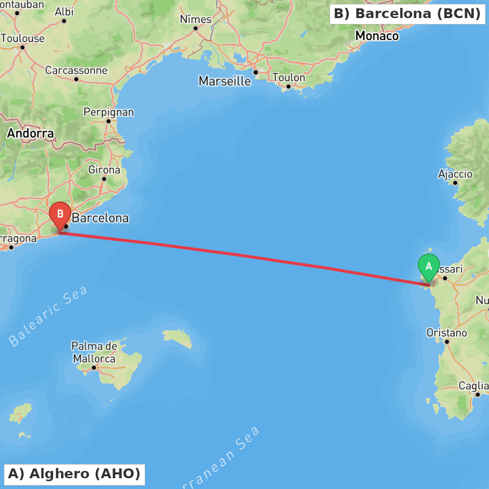 Flight route map from Alghero to Barcelona