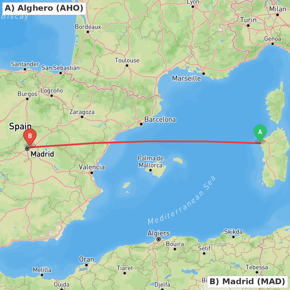 Flight route map from Alghero to Madrid